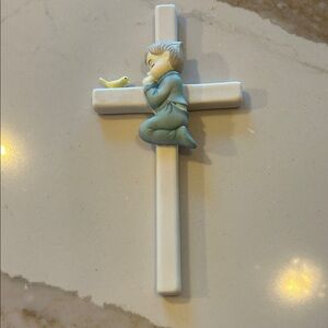 Ceramic Cross with Boy and Bird Figurine